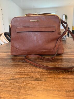 London Fog Chestnut Leather Crossbody with Gold Hardware